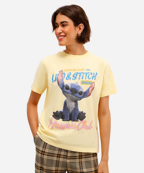 camiseta feminina de algodão manga curta stitch amarela