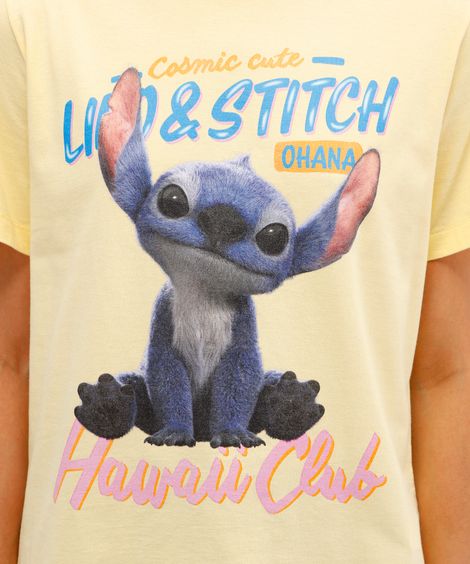 camiseta feminina de algodão manga curta stitch amarela
