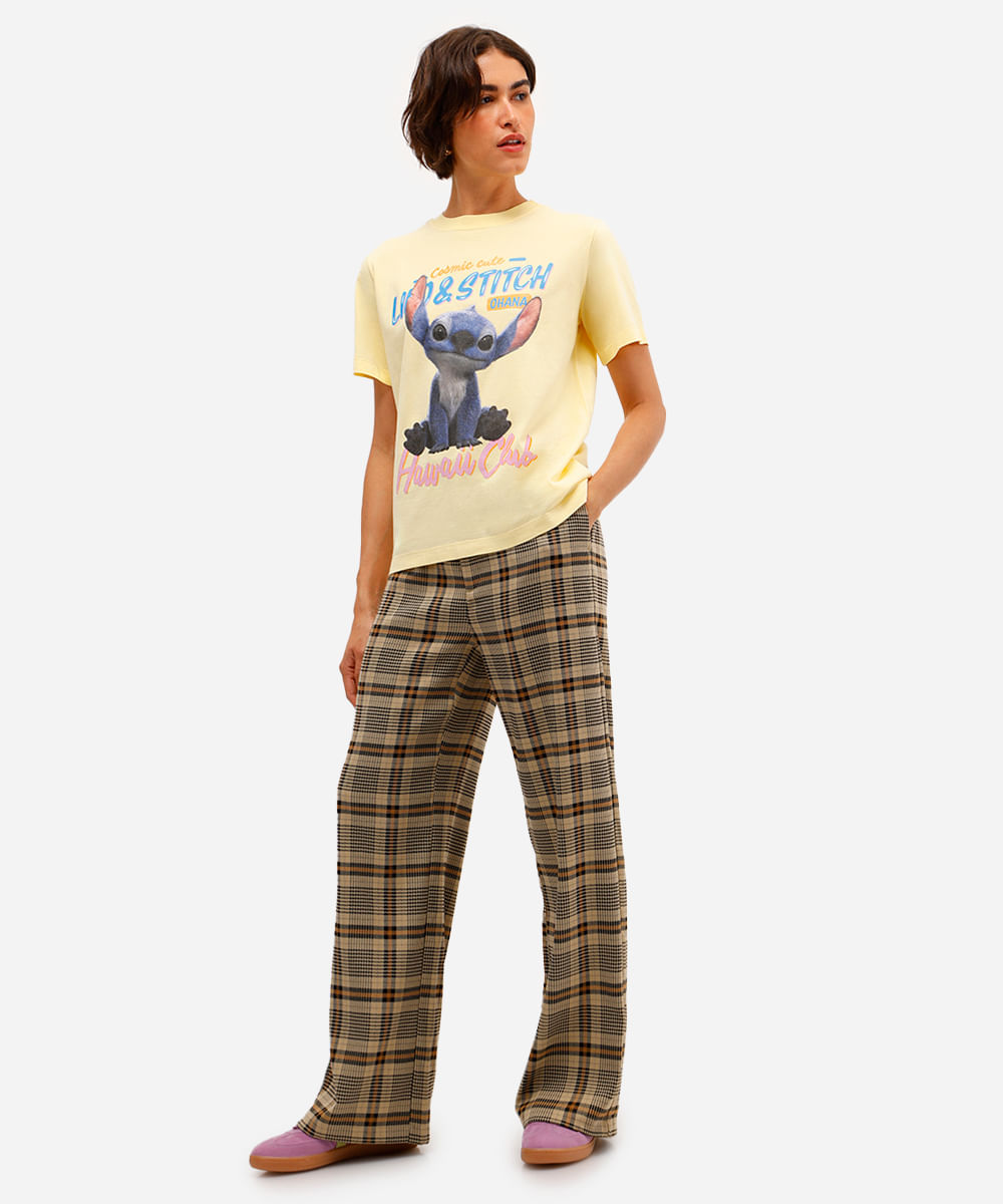 camiseta feminina de algodão manga curta stitch amarela