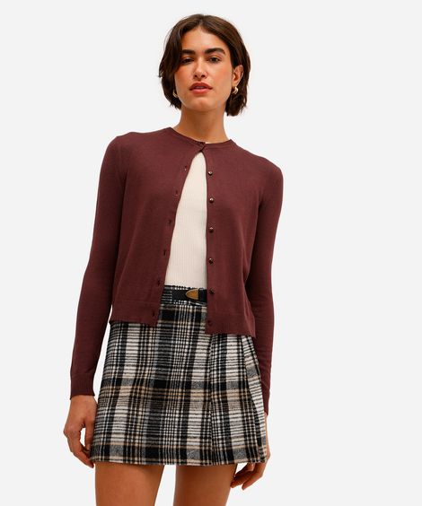 cardigan feminino de tricot decote redondo marrom