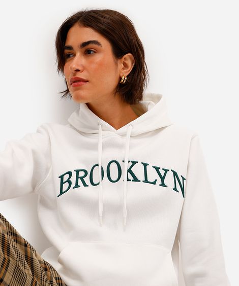 blusão feminino de moletom felpado com capuz brooklyn off white