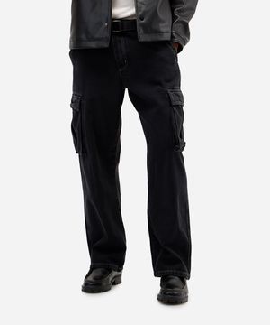 calça jeans wide leg cargo preta