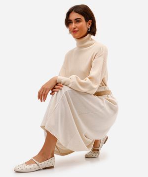 saia midi feminina com linho cintura alta bege