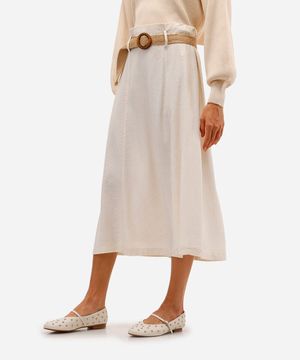 saia midi feminina com linho cintura alta bege