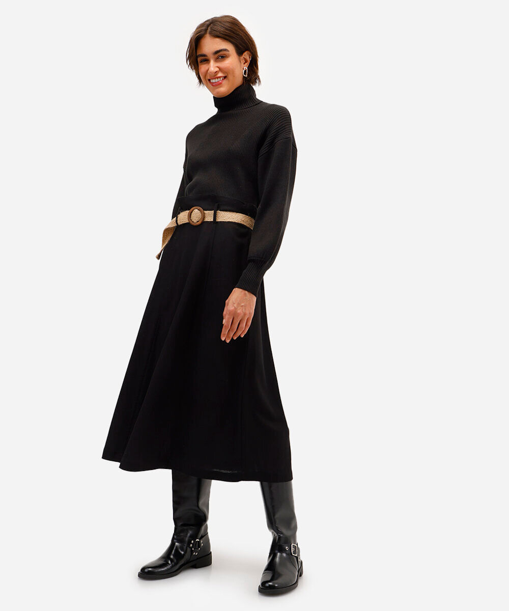 saia midi com linho cintura alta - preto