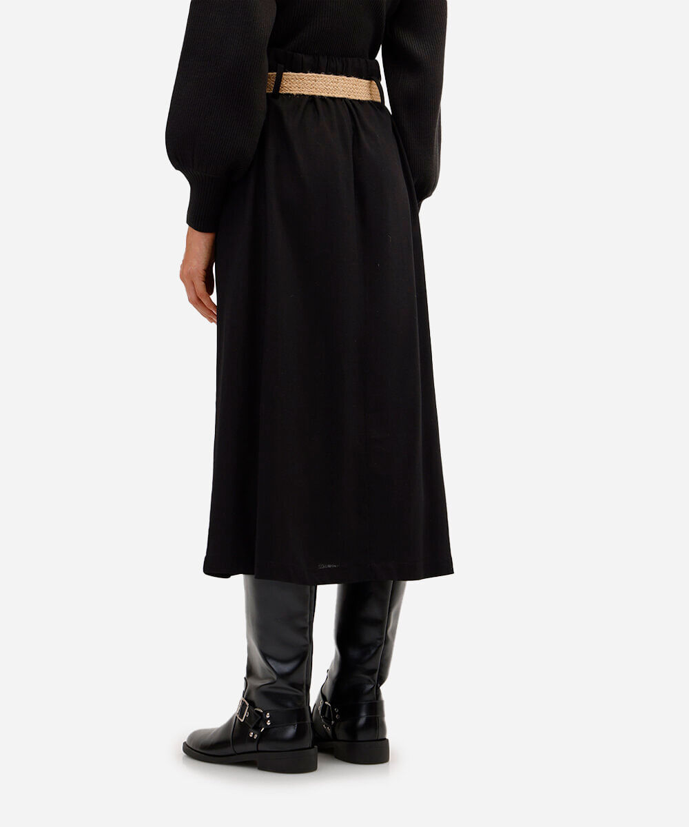 saia midi com linho cintura alta - preto
