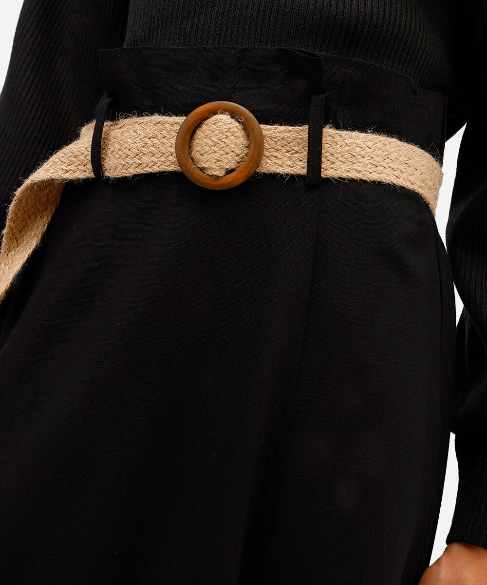 saia midi com linho cintura alta - preto