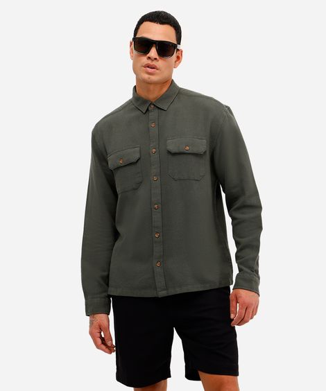 camisa masculina de algodão manga longa texturizada verde