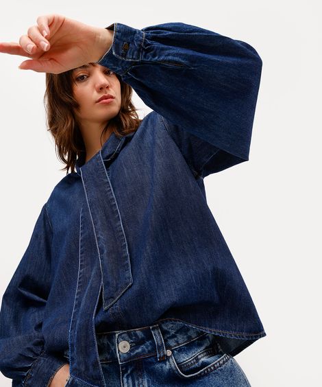 camisa feminina jeans gola laço antonio frajado azul