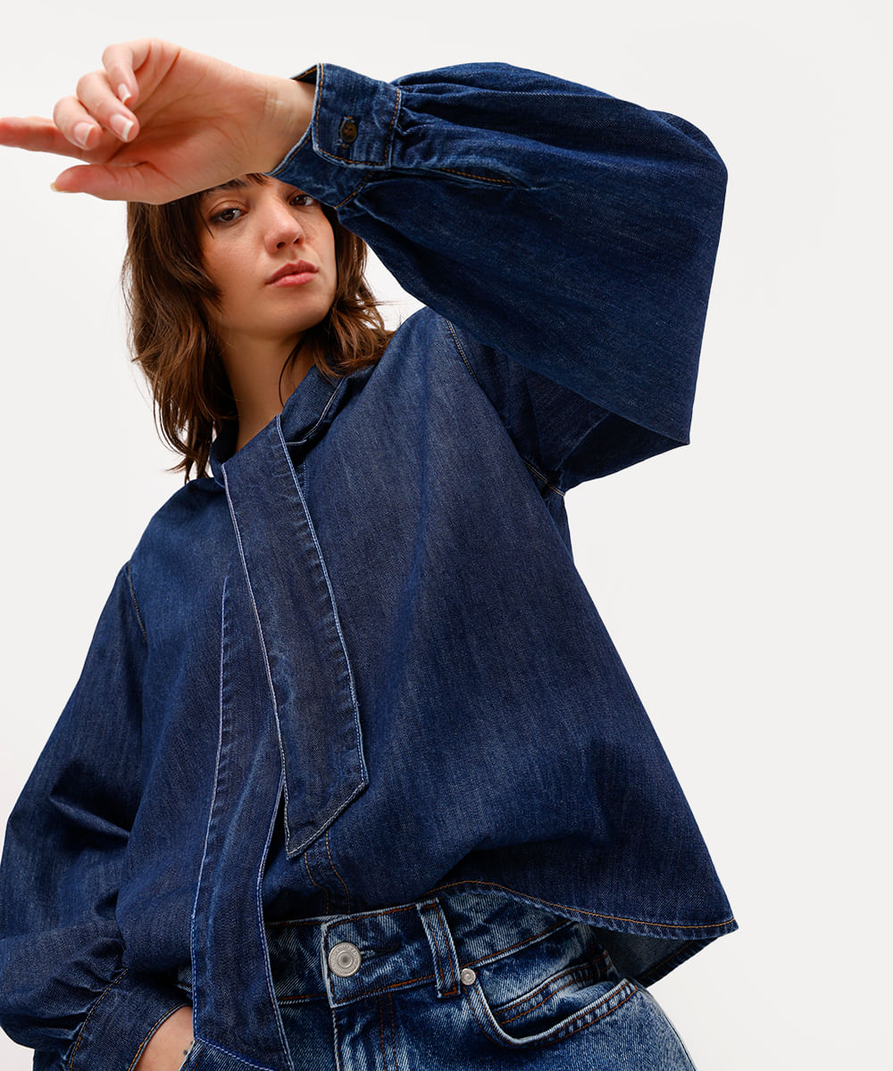 camisa feminina jeans gola laço antonio frajado azul