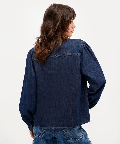 camisa feminina jeans gola laço antonio frajado azul