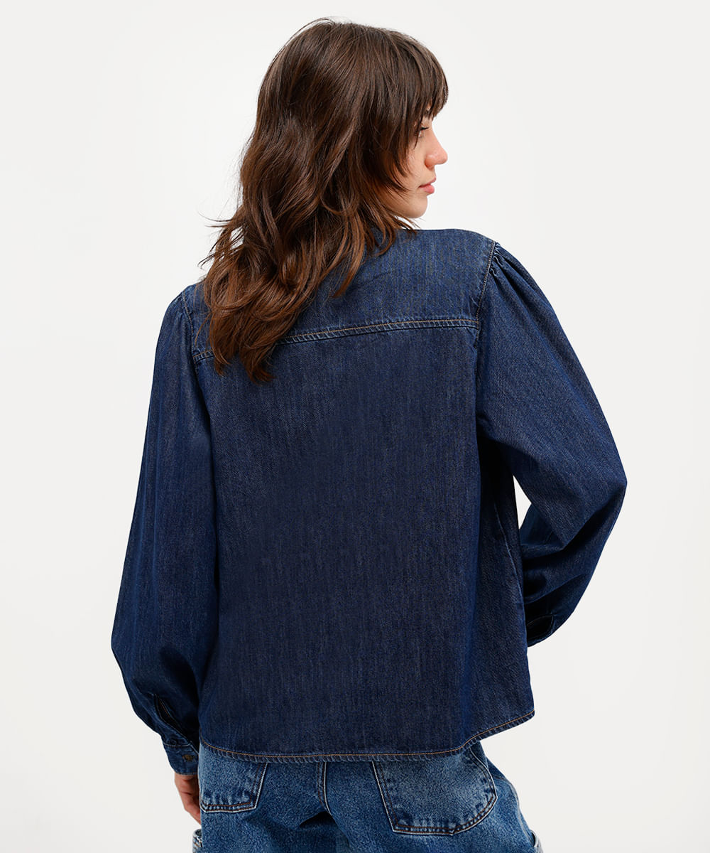 camisa feminina jeans gola laço antonio frajado azul