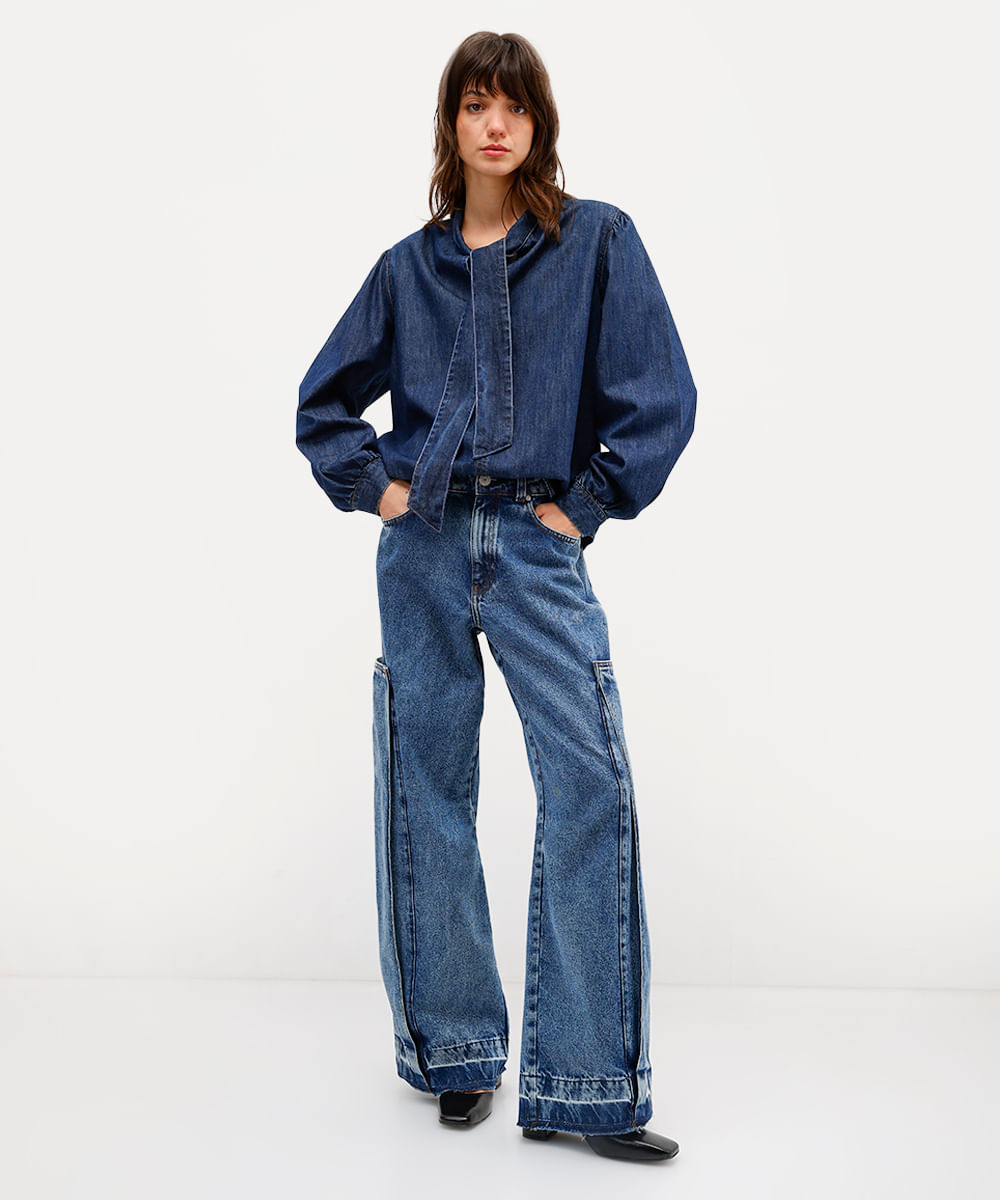 camisa feminina jeans gola laço antonio frajado azul
