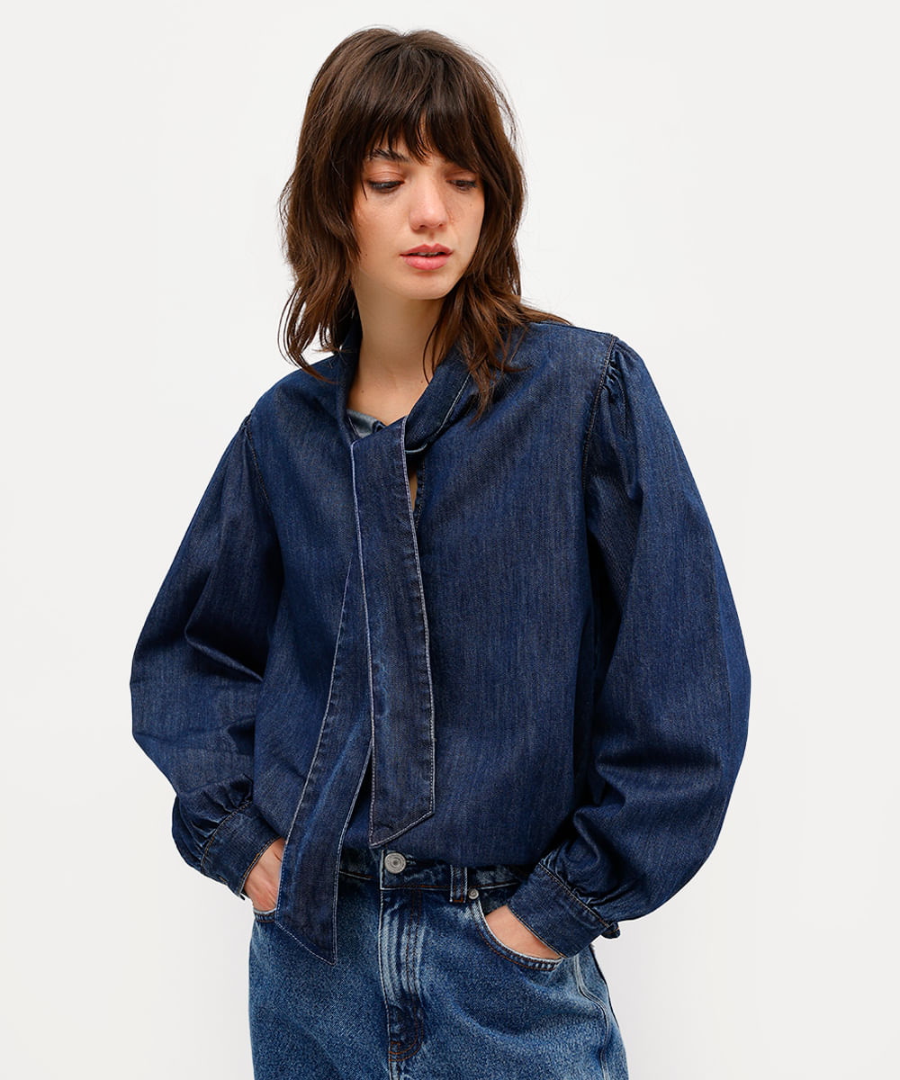 camisa feminina jeans gola laço antonio frajado azul