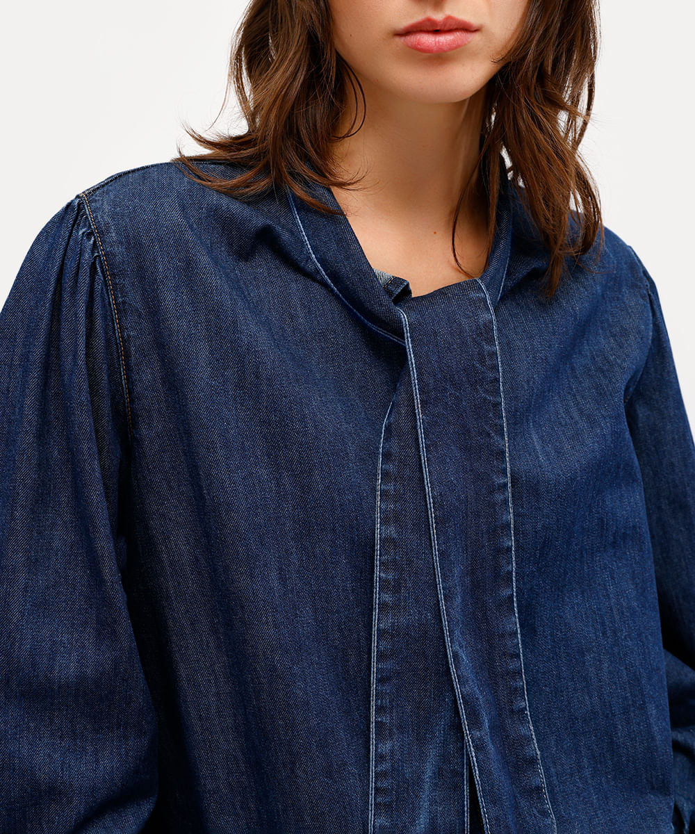 camisa feminina jeans gola laço antonio frajado azul