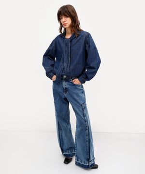 calça wide leg feminina jeans cintura alta antonio frajado azul