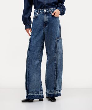calça wide leg feminina jeans cintura alta antonio frajado azul