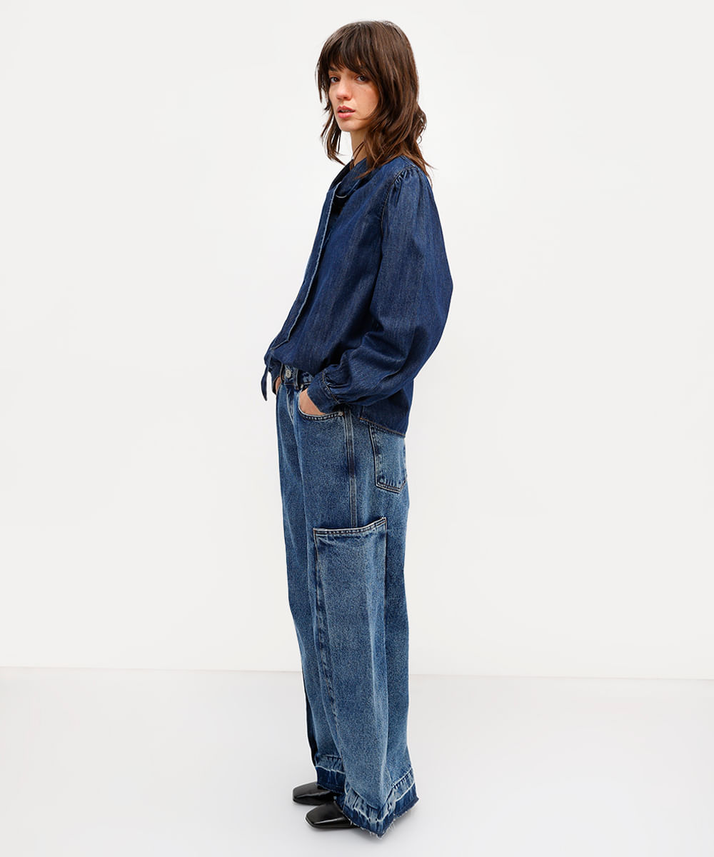calça wide leg feminina jeans cintura alta antonio frajado azul
