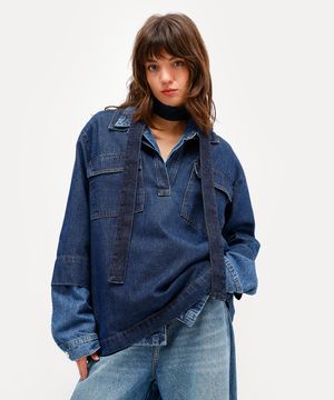 camisa feminina jeans com bolsos antonio frajado azul