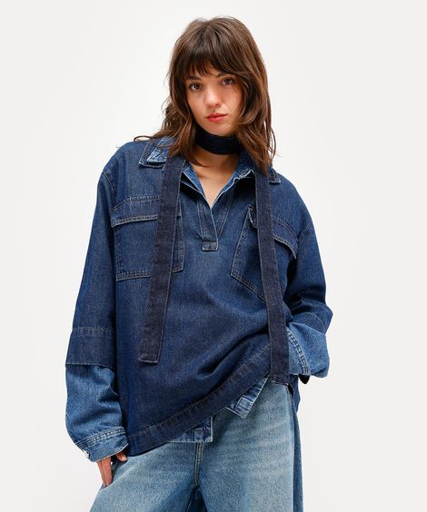 camisa feminina jeans com bolsos antonio frajado azul