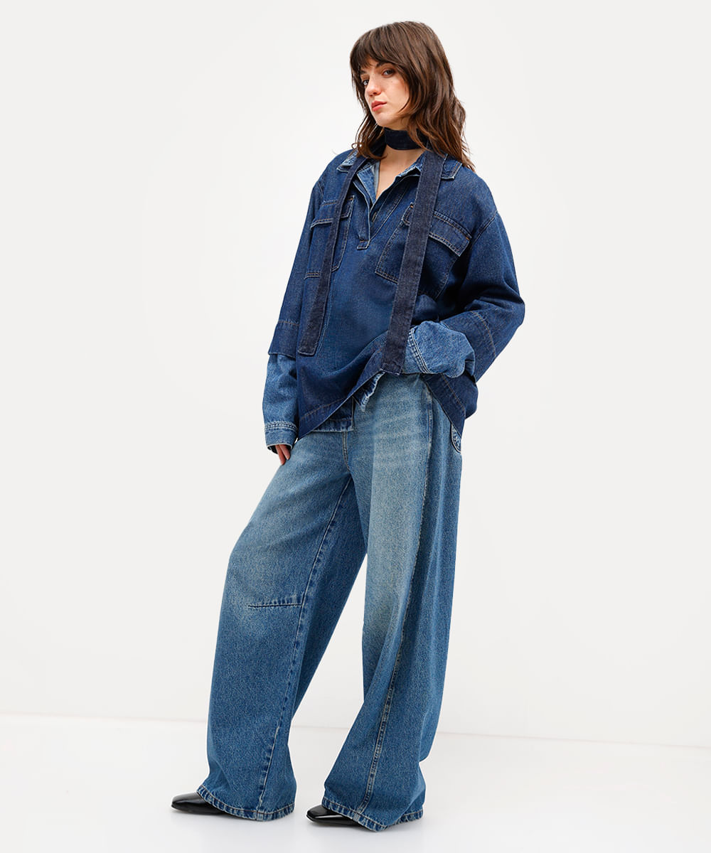 camisa feminina jeans com bolsos antonio frajado azul