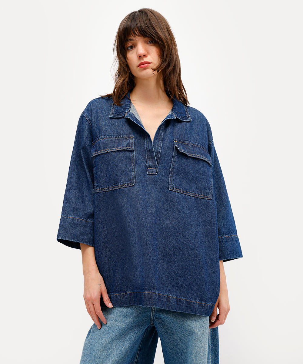 camisa feminina jeans com bolsos antonio frajado azul