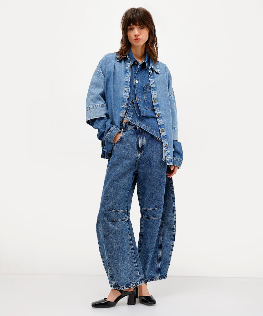 calça barrel feminina jeans com recorte e pregas antonio frajado azul