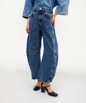 calça barrel feminina jeans com recorte e pregas antonio frajado azul