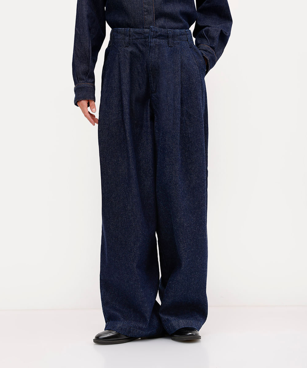 calça balloon feminina jeans com pregas antonio frajado azul