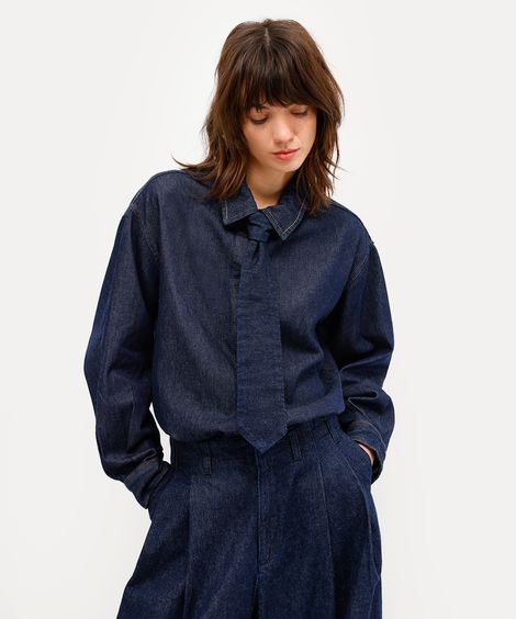 camisa feminina jeans manga longa antonio frajado azul