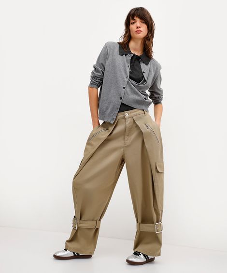 calça balloon feminina de sarja com fivelas rita lazzarotti bege