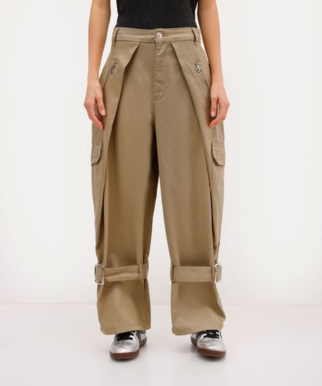 calça balloon feminina de sarja com fivelas rita lazzarotti bege