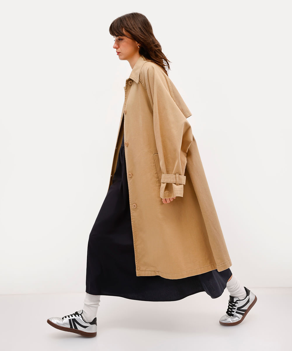 casaco tench coat feminino de sarja rita lazzarotti bege