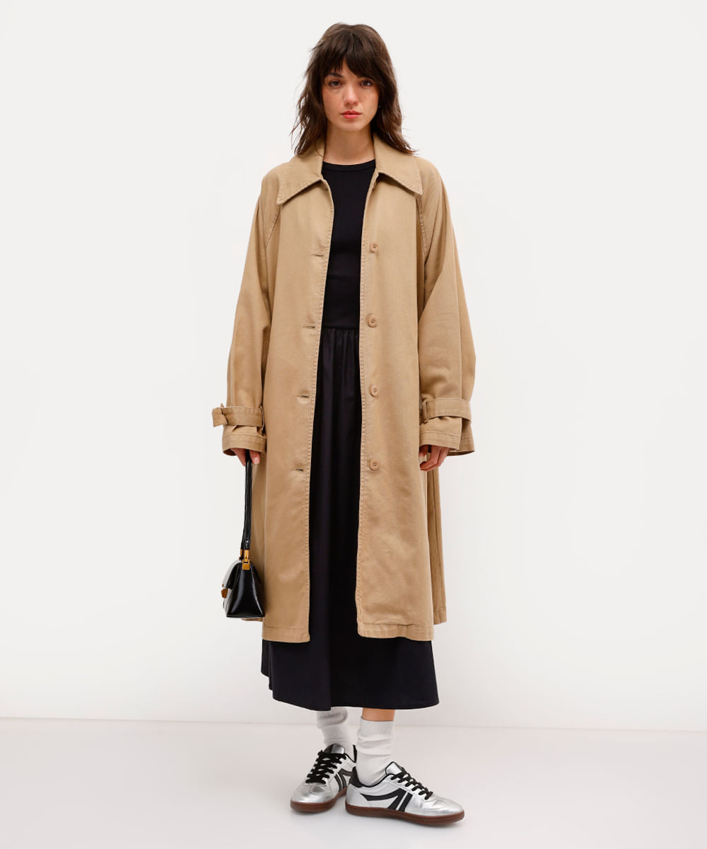 casaco tench coat feminino de sarja rita lazzarotti bege