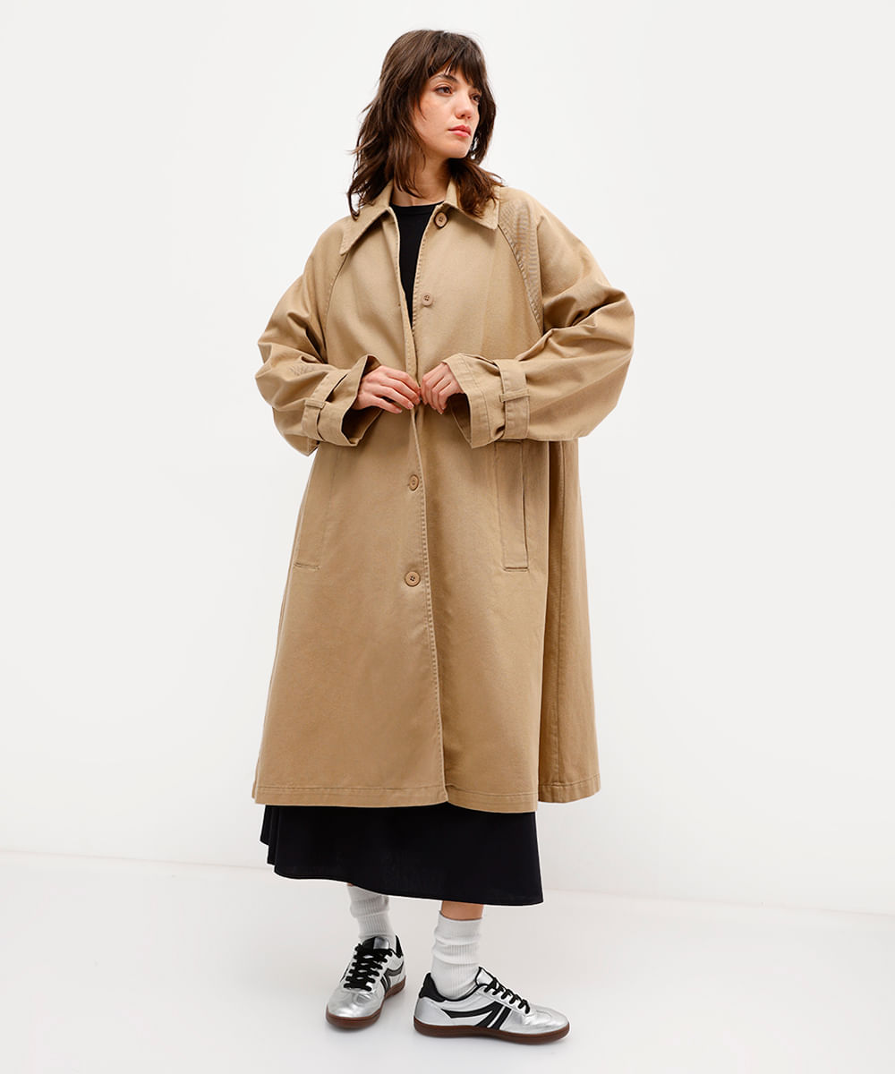 casaco tench coat feminino de sarja rita lazzarotti bege