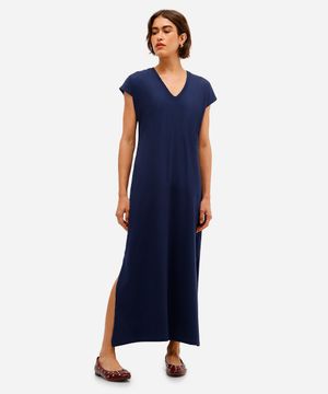 vestido longo feminino de algodão decote v azul