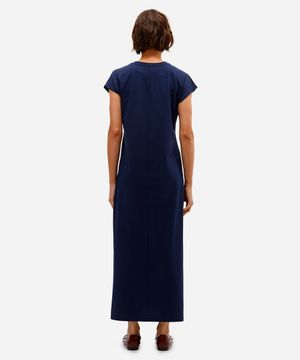 vestido longo feminino de algodão decote v azul