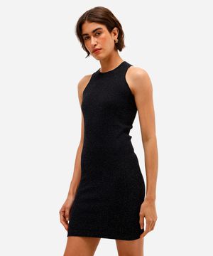 vestido básico feminino canelado com lurex preto