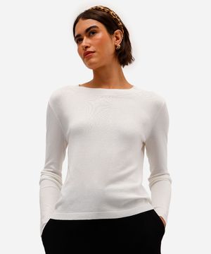 blusa básica feminina de tricot manga longa off white