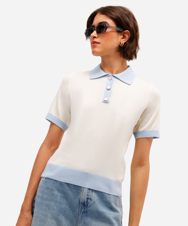 polo feminina de tricot manga curta bicolor off white