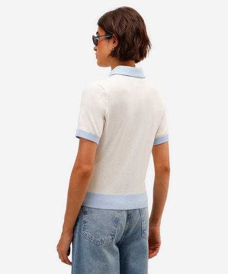 polo feminina de tricot manga curta bicolor off white