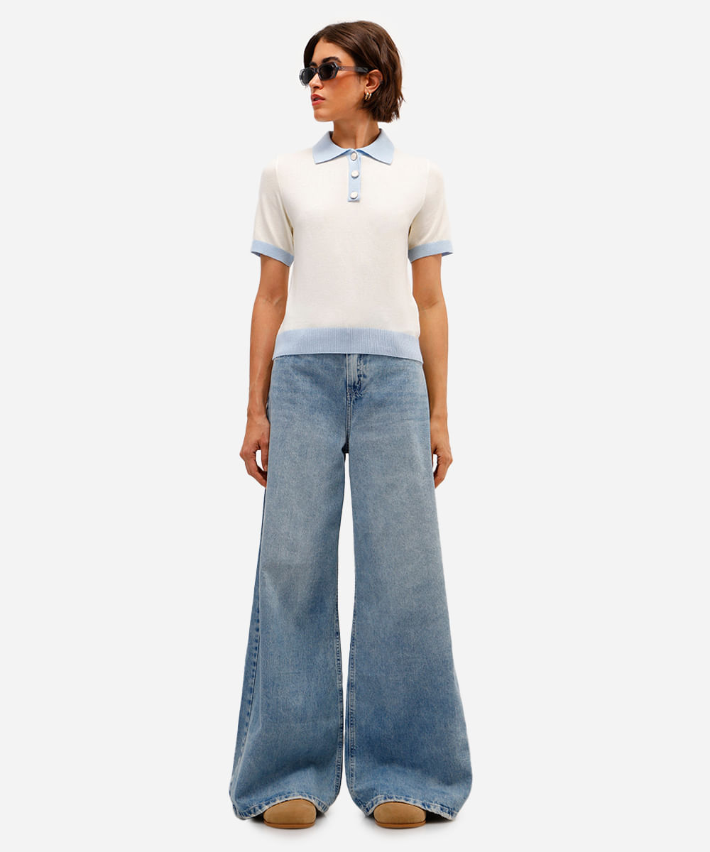 polo feminina de tricot manga curta bicolor off white
