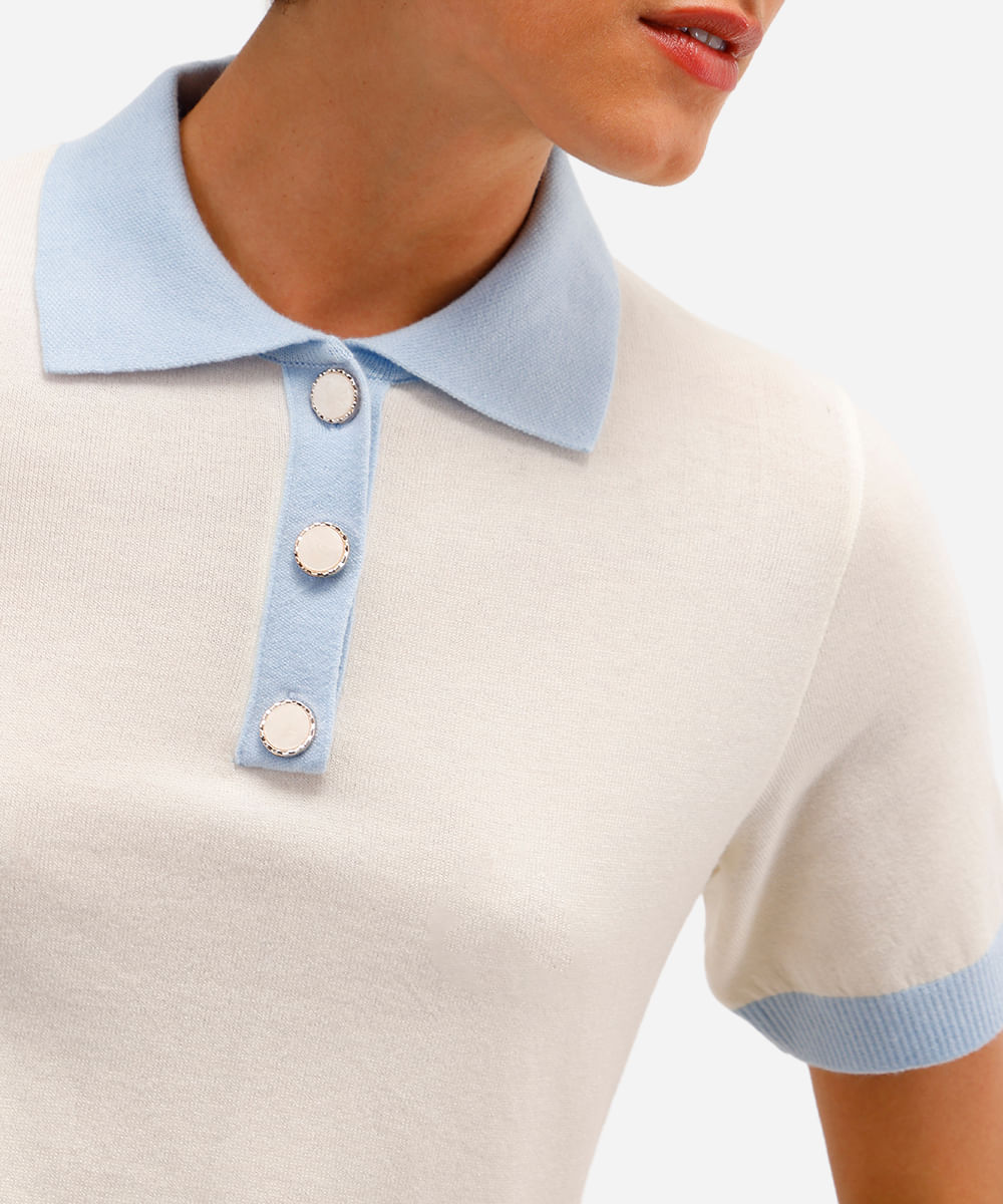 polo feminina de tricot manga curta bicolor off white