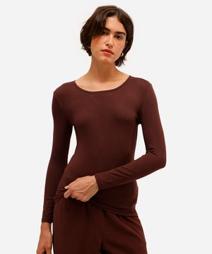 blusa básica de viscose manga longa cinza escuro - marrom