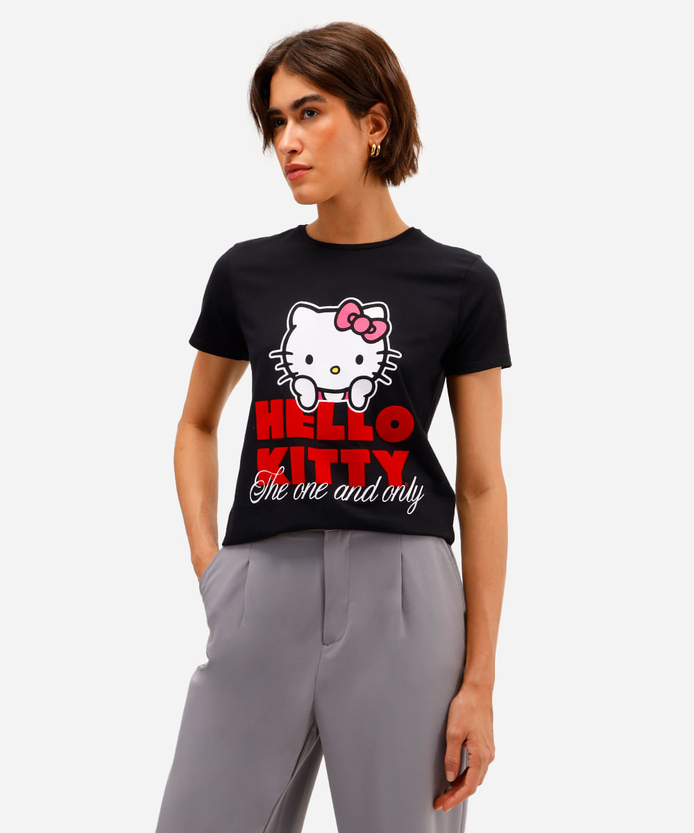 camiseta feminina de algodão hello kitty texturizada preta