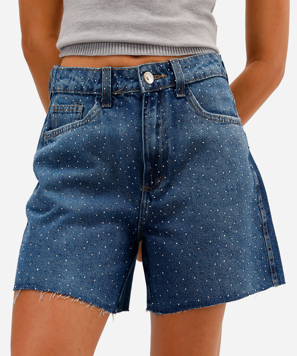 short feminino jeans com brilhos - jeans escuro