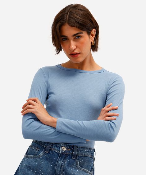 blusa básica feminina decote careca manga longa azul