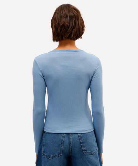 blusa básica feminina decote careca manga longa azul