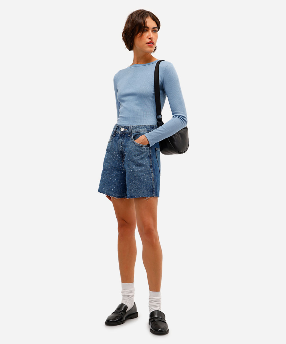 blusa básica feminina decote careca manga longa azul