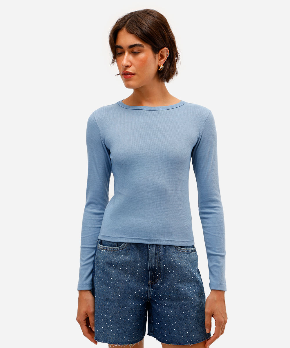 blusa básica feminina decote careca manga longa azul